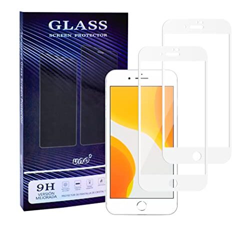 UNO' Lot de 2 films de protection d'écran pour iPhone 7/iPhone 8/iPhone SEColor blanc, verre trempé ultra résistant 9H, anti-rayures, anti-traces de doigts, haute réceptivité, définition HD.