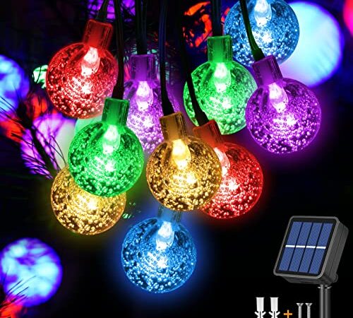 Guirlande lumineuse solaire à 50 LED étanche, 8 modes d’éclairage pour intérieur/extérieur, 10 m/32.8 ft pour jardin, Terrasse, Sapin Noël , Mariage, Fête ​(multicolore)