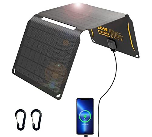 Chargeur Solaire 20 W avec USB QC3.0 et Port CC (19 V/1,1 A Max), étanche, pour randonnée, Camping, Chargeur alimenté par Le Soleil, Compatible avec iPhone 14/13/12/11/Xs, iPad Mini, Samsung