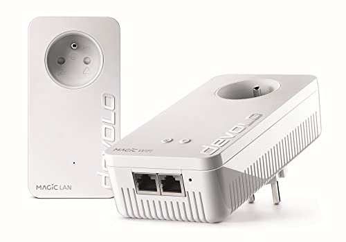devolo Magic 1 WiFi 5 (ac) Starter Kit : 2x Adaptateurs CPL, Prise Gigogne (1 200 Mbits, 2x Fast-Ethernet + 1 Port Gigabit Ethernet, Mesh) idéal télétravail, gaming, streaming, prise française, Blanc