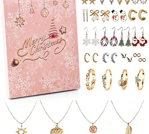 DEWUR Calendrier de l'Avent 2022 pour filles et femmes - Calendrier de la conscience du vin - Pour adolescent et femme - Bijoux - Collier - Boucles d'oreilles tendance Rose Bonbon