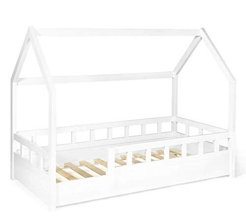 IDMarket - Lit cabane Enfant 80 x 160 CM NEREE Blanc avec sommier et barrières