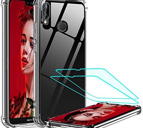 LeYi Coque pour Huawei P20 Lite [2 Pcs D'écran Verre Trempé], Technologie Coussins d'air Full Body Antichoc Bumper Housse Cristal Silicone TPU Rigide Protection Etui pour Huawei P20 Lite-Transparent