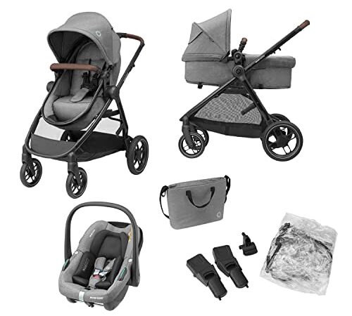 Maxi-Cosi Zelia S Trio Poussette 3 en 1, 0 à 4 Ans, Jusqu'à 22 kg, Poussette Bébé Pliable, Compacte et Inclinable, avec Siège Auto Bébé CabrioFix S i-Size, Accessoires, Sac à Langer, Gris