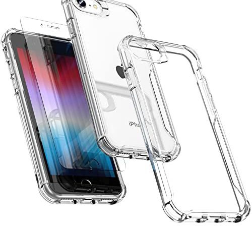 ORETECH Coque Compatible avec iPhone SE 2022 5G avec 2 Verre Trempé,Souple Silicone Bumper Dos PC Rigide Clair Coque iPhone SE 2022 Antichoc Housse de Protection pour iPhone SE3/SE2020/8/7 Transparent