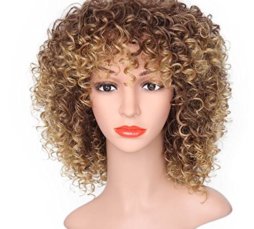 REVIVI Mixte Brun et Blonde Perruque Courte Afro Crépus Bouclés Perruques Synthétique pour les Femmes Noires Fiber Haute Synthétique Cheveux 16inch