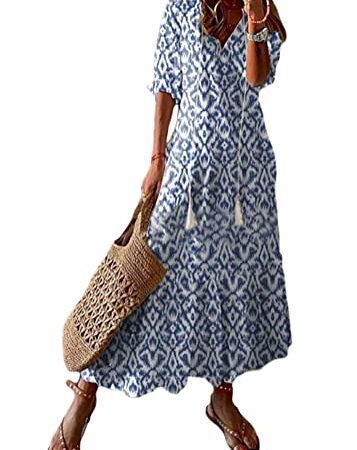 Tomwell Mini Jupe Femmes décontracté Manches Longues imprimé col en V Maxi Robe Ample Boho Plage Longue Robe d'été A Bleu L