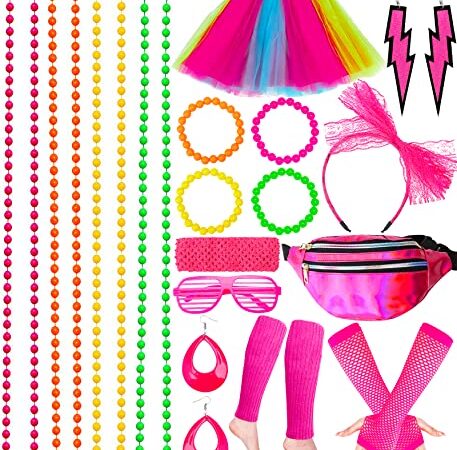 Tonsooze 21PCS Déguisement Année 80 Accessoire Femme Fluo, Robe De Couleur Arc-En-Ciel Sac Banane Lunettes Bandeau noeud Colliers Bracelets Gants Années 80s Disco Costume Vetement Fête Néon Tutu Fluo