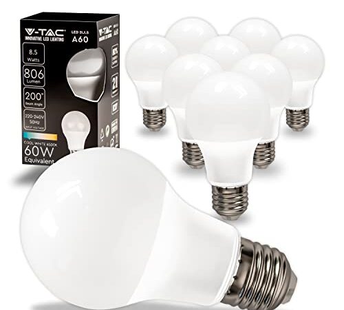 V-TAC 10x Ampoules LED culot E27 8,5W (équivalent 60W) A60-806 Lumen - 6500K Blanc Froid - Ouverture du faisceau lumineux 200° - Efficacité Maximale et Économie d'Énergie