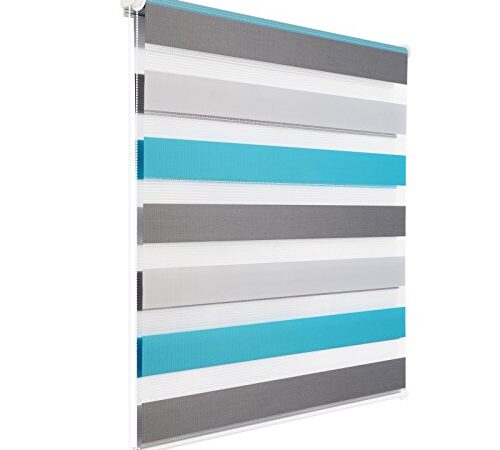 WOLTU 1 pièce Store Enrouleur Double Fixation Rapide sans perçage,Store Jour et Nuit Isolant Thermique 70x150cm Blanc + Gris + Turquoise DR5619m5