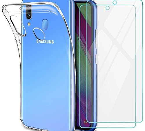 YNMEacc Coque pour Samsung Galaxy A40 Silicone Transparente, [Lot de 2] Verre trempé écran Protecteur + Souple Étui Protection Bumper Housse Coque pour Samsung Galaxy A40