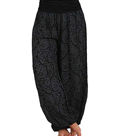 Minetom Femme Harem Pantalon Yoga Sarouel Legers Hippie Baggy Léger Ethnique Calqué Smockée Taille Haute avec Poches Été Plage Noir M